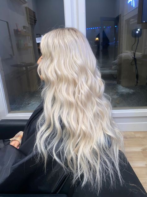 Blonde Holiday Hair, Icy Blonde Hair Extensions, Icy Blonde Hair Inspiration, Ice Blonde Hair Extensions, White Silver Blonde Hair, Blonde Highlights Icy, Long Blonde Icy Hair, Platinum Extensions, Blonde With White Highlights