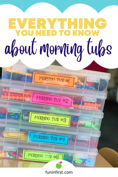 Morning Arrival Activities Preschool, Morning Centers 1st Grade, Morning Tub Storage Ideas, First Day Of School Morning Work, Classroom Morning Tubs, Morning Work Classroom Ideas, 3rd Grade Morning Basket, Elementary Morning Work, Soft Starts In The Classroom 1st Grade