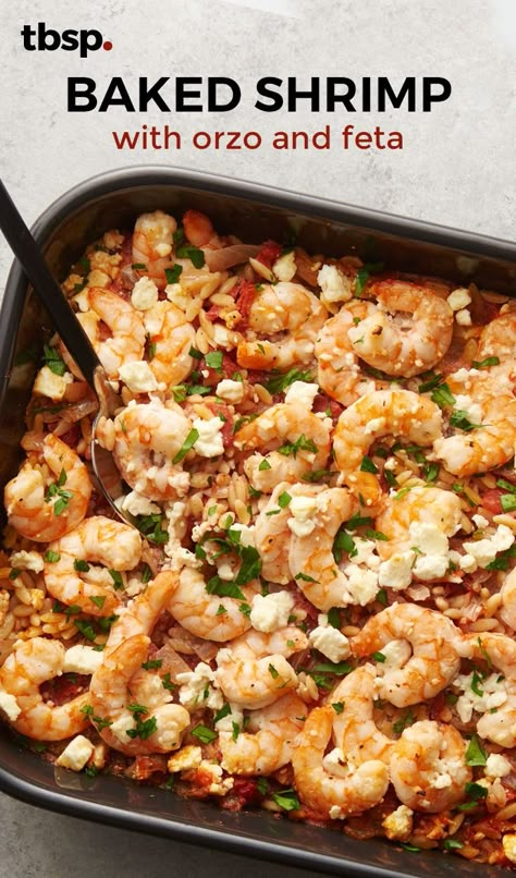 Shrimp And Feta Bake, Shrimp Orzo Recipes Healthy, Healthy Shrimp Casserole Recipes, Shrimp And Feta Recipes, Shrimp Pasta Casserole, Greek Shrimp With Orzo And Feta, Shrimp Feta Orzo, Orzo And Shrimp Recipes, Orzo With Shrimp And Feta