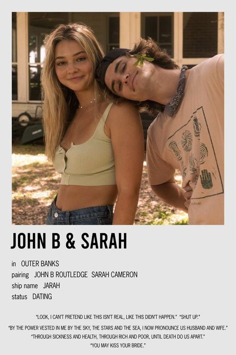 minimalistic polaroid relationship poster for john b and sarah from outer banks Sarah From Outer Banks, John B And Sarah, Album Cover Wall Decor, Outer Banks Outfits, Sarah Johns, Outer Banks Style, Most Paused Movie Scenes, Outer Banks Beach, Film Posters Minimalist