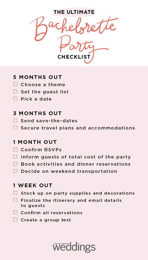 Make sure the pre-wedding party goes off without hitch by following this cheat sheet. It breaks down what you need to do and when you need to do it. #BacheloretteParty #Wedding #Checklist #PartyChecklist #BachelorettePartyChecklist #PartyPlanning #GirlsNight #GirlsNightOut | Martha Stewart Weddings - Your Bachelorette Party Checklist Bachelorette Checklist, Party Planning Timeline, Bachelorette Party Checklist, Bachelorette Party Planner, Moh Duties, Ultimate Bachelorette Party, Bach Weekend, Bach Bash, Bachelorette Planning