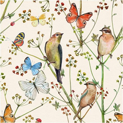 HaokHome 93155 Vintage Peel and Stick Wallpaper Birds Butterfies Floral Beige/Green/Brown Removable Stick on Home Decor 17.7in x 118in - - Amazon.com Clear Vinyl Stickers, Spring Window, Shabby Chic Diy, Meadow Flowers, Images Vintage, Butterfly Watercolor, Cute Butterfly, Seamless Textures, Pretty Birds