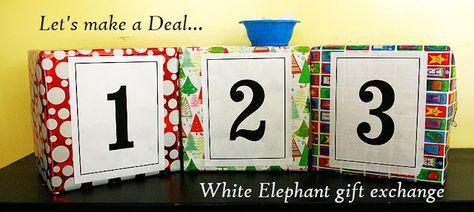 white elephant gifts (round 2) and some game ideas!!! (with free printables!) - A girl and a glue gun Christmas Gift Exchange Games, Xmas Games, Gift Exchange Games, Fun Christmas Party Games, Let's Make A Deal, Fun Christmas Games, Let’s Make A Deal, Holiday Party Games, Christmas Gift Exchange