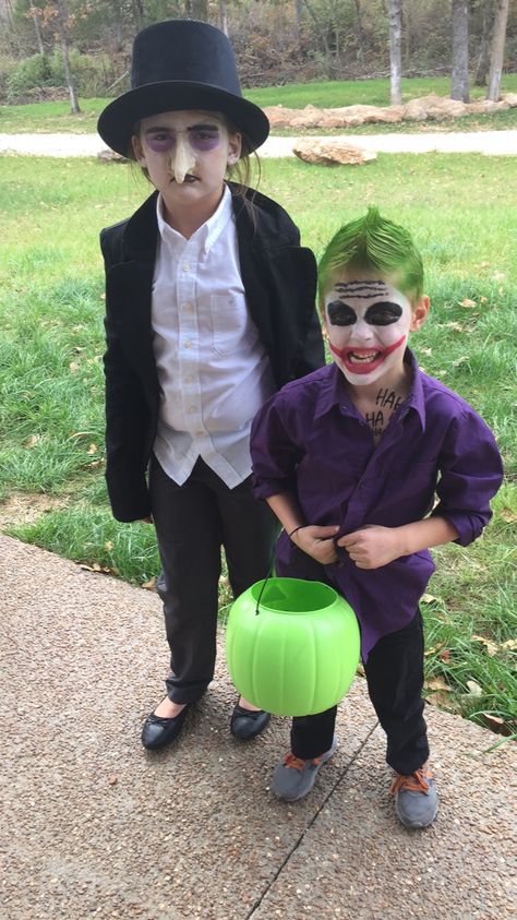 Kids Halloween costumes. Super villains. The Joker and Penguin. Batman villains. Batman Characters Costumes, Batman And The Joker Costumes, Diy Joker Costume Kids, Joker Toddler Costume, Kids Joker Costume Boys, Men’s Halloween Costume Joker, Teen Boy Halloween Costume, Teen Boy Costumes, Joker Halloween Costume