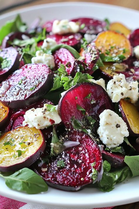 A vibrant image of a Beet and Goat Cheese Salad showcasing colorful roasted beets and dollops of creamy goat cheese, perfect for those looking for fresh salad ideas. Beer And Goat Cheese Salad, Goat Cheese And Beet Salad, Warm Beet Salad With Goat Cheese, Roasted Beet Salad Recipes, Goat Cheese Beet Salad, Roasted Beet Salad With Goat Cheese, Beet Salad Recipes Cold, Beets Recipe Ideas, Beet Salad Dressing