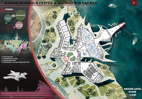 Marine Research Center & Aquarium In Safaga on Behance Malls Architecture Plan, Aquarium Landscape Ideas, Marine Research Center, Site Development Plan, Aquarium Architecture, Museum Plan, Floating Architecture, Architecture Design Process, Concept Models Architecture