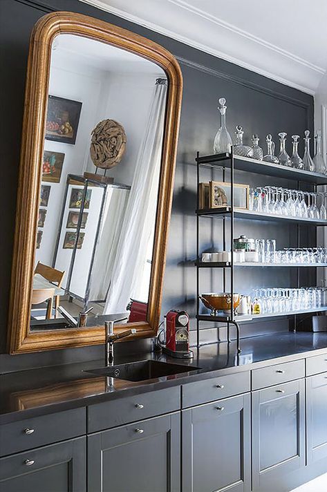 Over The Kitchen Sink Ideas, Over The Kitchen Sink, Gorgeous Apartment, Farmhouse Side Table, Paris Apartments, Red Walls, Kitchen Mirror, Favorite Kitchen, Cheap Decor