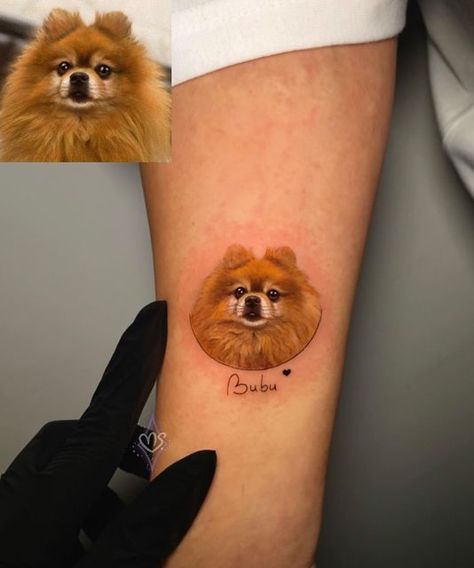 Dog Tattoo Colorful, Pomeranian Tattoo, Tattoo Perro, Tattoo Pet, Cool Wrist Tattoos, Dog Tattoo, Dope Tattoos, Dog Tattoos, Tattoos Ideas