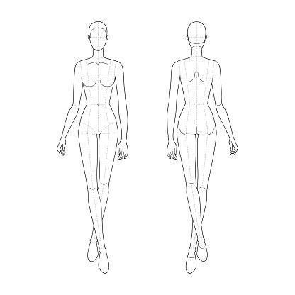 Model Outline, Fashion Model Sketch Front And Back, Front And Back Fashion Croquis, Croquis Fashion Illustration Poses Front And Back, Model Figure Sketch Fashion Templates Front And Back, Female Fashion Figure Template Front And Back, Fashion Design Template, Body Sketches, Body Pose Drawing