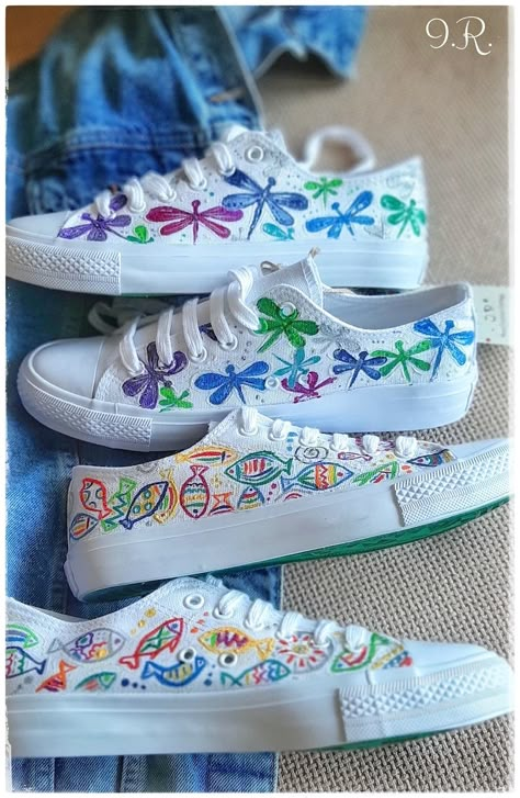 Fish Sneakers, Hand-painted Shoes, Fish Shoes, Hand-painted Sneakers, Footwear Fish, Handpainted Fish Footwear, Shoe Art - Etsy Shoes Painting Ideas Converse, Decorating Sneakers, Hand Painted Shoes Ideas, Diy Sneakers Designs, Shoe Painting Ideas, Prince Shoes, Fish Shoes, Upcycle Shoes, Doodle Shoes