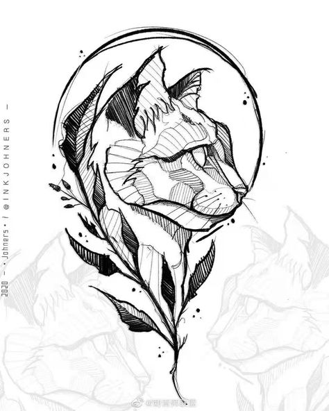 Cat Tattoo Geometric, Tattoo Crane, Cap Tattoo, Fantasy Tattoo, Sketch Style Tattoos, Ink Doodles, Witch Tattoo, Geometric Cat, Tattoo Cat