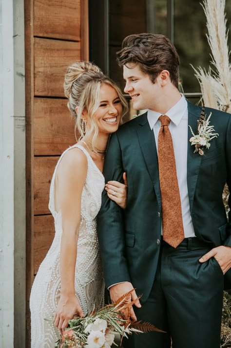 Copper Suits For Men Wedding, Wedding Suit Colors Schemes, Boho Fall Wedding Groom, Terracotta And Green Groomsmen, Green Suit Terracotta Tie, Boho Fall Wedding Mens Attire, Boho Wedding Attire For Men, Sage And Terracotta Wedding Party, Terracota Groomsmen Attire