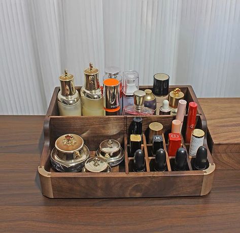 Estetic and modern cosmetic organizer #beauty product box #brush holder #cosmetic box #cosmetic organizer #cosmetic storage #cosmetic wooden case #lipstick holder #lipstick organizer #wedding gift #wooden cosmeric Wooden Vanity Organizer, Makeup Storage Wood Organizers, Wooden Perfume Cabinet, Wooden Cosmetic Organizer, Jewlrey Organization Wooden, Wood Makeup Organizer, Beauty Box Gift, Wooden Makeup Organizer, Custom Jewelry Box