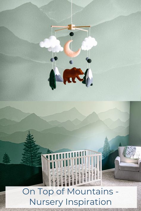 This mountain nursery theme is beautifully done in a gender neutral green theme. It features outdoor themed decor that is perfect to grow with your little one and fun to design around. The mountain mural is the focal point of the nursery and ties the whole room together. Nursery Ideas Mountain Theme, Nursery Ideas Outdoor Theme, Mountain Boy Nursery, Boy Mountain Nursery, Mountain Themed Nursery, Mountain Nursery Theme, Outdoors Themed Nursery, Ombre Mountains, Boy Nursery Themes