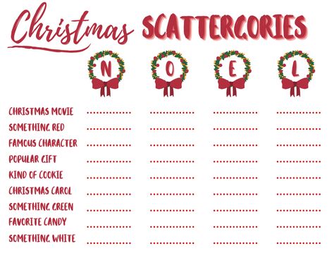 Christmas Scattergories Free Printable, Christmas Games For Seniors, Game Night Aesthetic, Christmas Scattergories, Holiday Gift Exchange Games, Games For Seniors, Winter Party Games, Fun Holiday Games, Christmas Party Activities