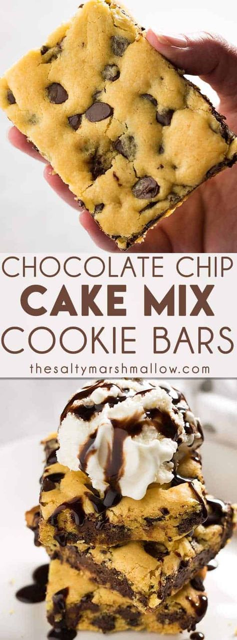 Cake Mix Cookie Bars - These lazy cookie bars are impossibly quick and easy to make!  Transform yellow cake mix and chocolate chips into super soft, decadent, cookie bars! Cake Mix Bars, Cake Mix Cookie, Cake Mix Cookie Bars, Weight Watcher Desserts, Cake Mix Desserts, Chocolate Chip Cake, Slow Cooker Desserts, Chocolate Chip Cookie Bars, Dessert Party