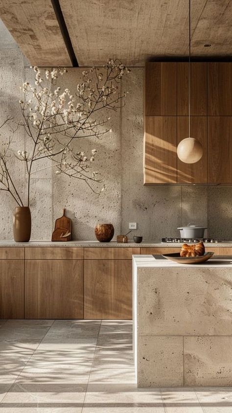 Tropical Villa, Kitchen Scandinavian, Japandi Interior, Concrete Kitchen, Wood Rustic, Hus Inspiration, Kitchen Room Design, Kitchen Inspiration Design, Wooden Cabinets