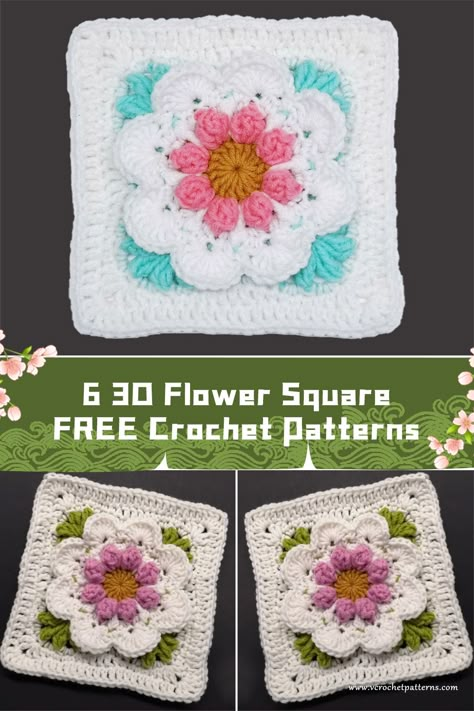 6 3D Flower Square Crochet Patterns - FREE - iGOODideas.com Crochet Flower Squares Pattern Free, Granny Heart Square, Flower Granny Square Pattern Free, 3d Granny Squares, Flower Square Crochet, Pokeball Crochet Pattern, Granny Square Designs, Flower Granny Squares, Boot Cuffs Crochet