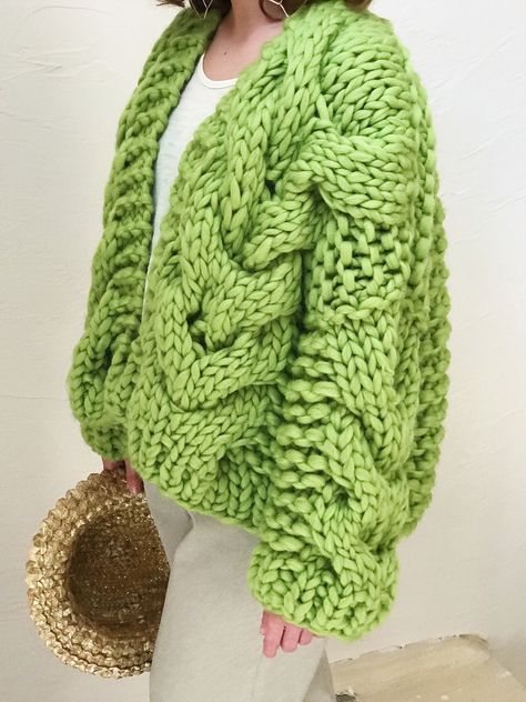 Lace Crochet Cardigan Pattern, Big Knit Cardigan, Super Chunky Cardigan, Green Crochet Sweater, Lace Crochet Cardigan, Cable Knit Sweater Pattern, Super Chunky Knit, Knit Cardigan Pattern, Chunky Cable Knit Sweater