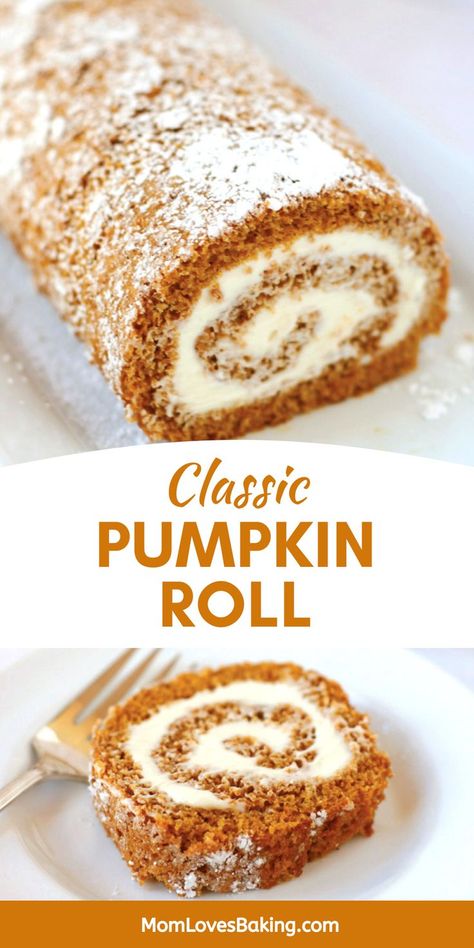 Pumpkin spice sheet cake frosted with cream cheese frosting then rolled up into a log, sliced to reveal the beautiful cake roll. Spice Cake Roll, Pumpkin Roll Recipe, Nut Roll, American Thanksgiving, Pumpkin Roll Cake, Pumpkin Rolls Recipe, Pumpkin Sheet Cake, Pumpkin Eater, Cake Rolls