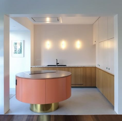 Unconventional Kitchen, Pink Concrete, Colorful Kitchens, Midcentury Home, Electric Cooktop, Concrete Countertops, Interior Kitchen, Pastel Shades, Kitchen Colors