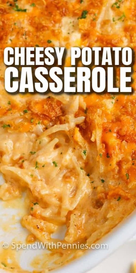 This cheesy potato casserole is so easy to make and full of cheese. Serve with eggs and bacon or sausage for a breakfast everyone will love! #spendwithpennies #cheesypotatocasserole #sidedish #casserole Company Potatoes, Cheesy Breakfast, Cook Ideas, Meatless Dishes, Bass Boats, Cheesy Potato Casserole, Breakfast Hashbrowns, Baked Veggies, Cheesy Potato