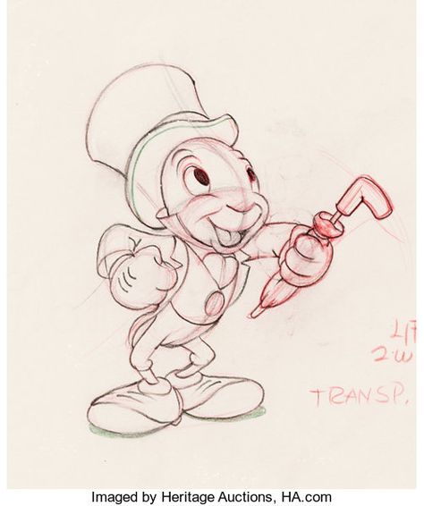 Original Disney Sketches, Disney Characters Tattoos, Concept Art Disney, Traditional Animation, Pinocchio Disney, Disney World Rides, Disney Drawings Sketches, Jiminy Cricket, Cartoon Character Tattoos