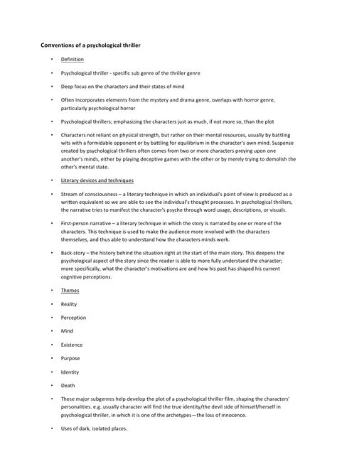 Conventions of a psychological thriller • Definition • Psychological thriller - specific sub genre of the thriller... How To Write Psychological Thrillers, Psychological Thriller Writing Tips, Writing Psychological Horror, How To Write Thriller, Writing Psychological Thriller, Psychological Horror Story Prompts, Psychological Thriller Prompts, How To Write A Thriller Novel, How To Write A Psychological Thriller