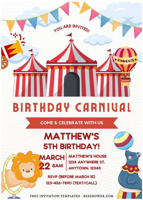 Cool (Free Editable PDF) Festive Birthday Carnival Invitation Templates Carnival Theme Invitations Template, Carnival Invitation Template, Carnival Birthday Invitations, Carnival Baby Showers, Circus Invitations, Circus Animal Cookie, Free Printable Baby Shower Invitations, Carnival Invitations, Birthday Carnival