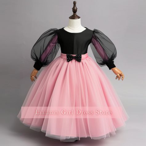 Cute Pink And Black Tulle Long Sleeve Flower Girl Dresses Brithday Party Princess First Communion Pageant Child Skirt W8-8.2 on Storenvy Kids Party Dresses Birthday, Children Dress Designs, Simple Ankara Gown Styles, Long Sleeve Flower Girl Dress, Girls Birthday Dresses, Barbie Silhouette, Sketch Background, Kids Party Wear Dresses, Child Dress