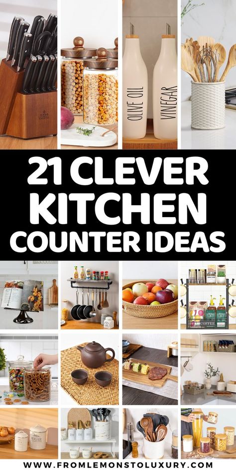 kitchen counter ideas Kitchen Prep Area Counter Space, Kitchen Riser Ideas, Kitchen Canisters On Counter Ideas, Styling A Kitchen Counter, Small Kitchen Counter Decor Ideas, Counter Ideas Kitchen, Small Counter Space Kitchen Ideas, Kitchen Counter Ideas Decor, Kitchen Ideas 2024