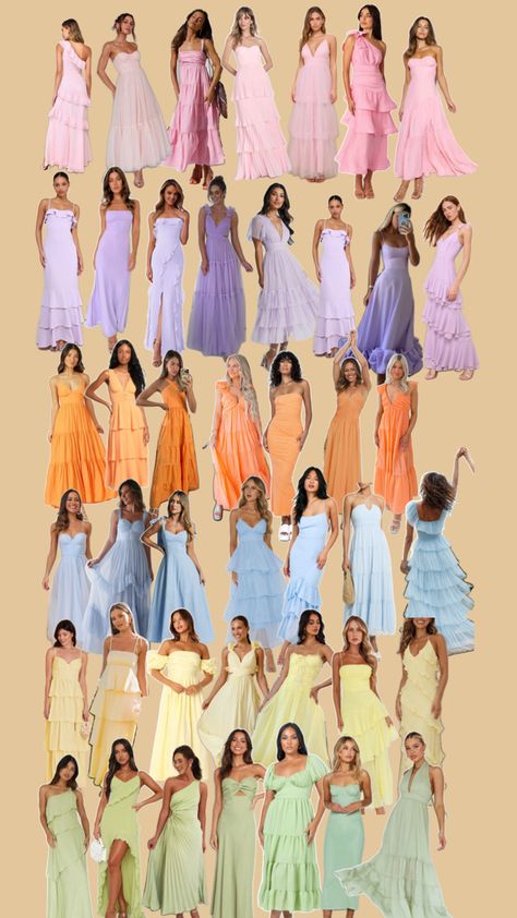 Bridesmaids On Opposite Side, Bridesmaids Dresses Garden Wedding, Fun Bridesmaid Dresses Color Schemes, Bridesmaid Dress Same Color Different Style, Pastel Gowns Classy, Wedding Guest Theme Outfit, Bridesmaid Flower Dresses, Spring Colors Bridesmaid Dresses, Pastel Dresses Bridesmaid