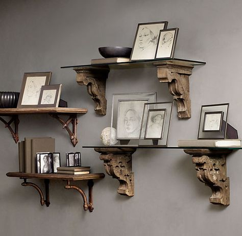 Love the mix of corbels used to make this grouping of display shelves. Decorative Shelving Ideas, Wall Medallion, Furniture Placement Living Room, Corbel Shelf, Wooden Corbels, Log House, Vanity Ideas, Furniture Placement, House Accessories