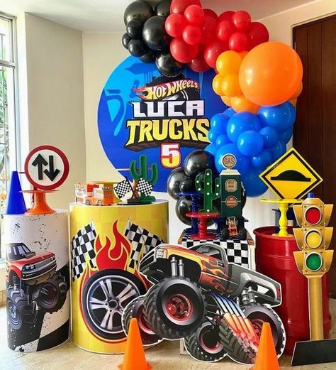 Monster Truck Theme Birthday Party, Monster Truck Party Decorations, Hot Wheels Themed Birthday Party, Birthday Party Paper Decorations, Monster Jam Birthday Party, Blaze Birthday Party, Monster Jam Birthday, Monster Jam Party, Monster Truck Theme