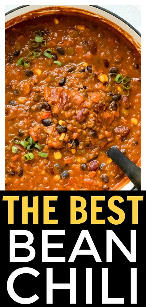 Chili Without Onions, Vegetarian Bean Chili Crockpot, Chilli Recipe Crockpot Vegetarian, Chili Without Meat Recipe, Meat Free Chili, Chili Recipe On Stovetop, Vegan Chilli Beans Recipe, Chilli Recipe No Meat, Three Bean Chili Recipe Crockpot