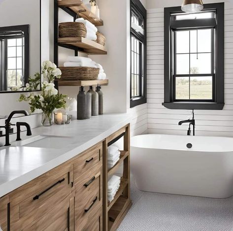 Contemporary Farmhouse Bathroom, Farmhouse Master Bath, Bathroom Tile Design Ideas, Modern Farmhouse Bathroom Ideas, Master Bath Tile, Tile Design Ideas, Farmhouse Bathroom Ideas, Farmhouse Designs, Design Home App