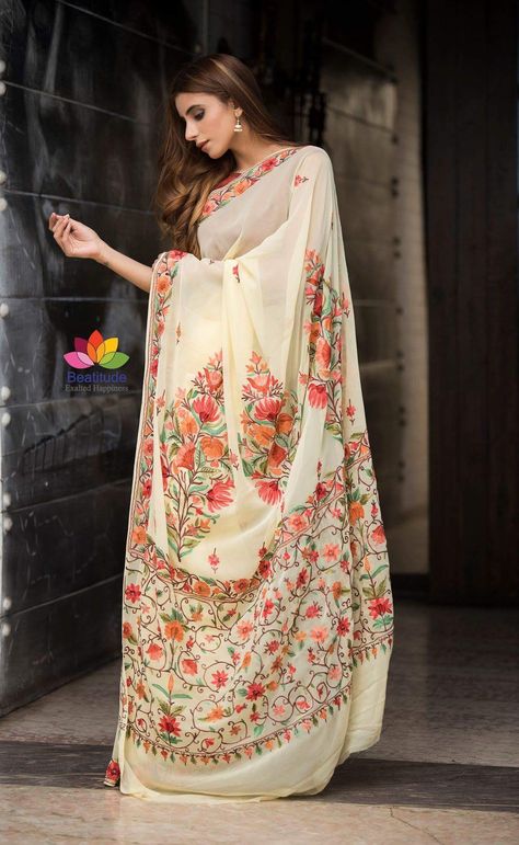 Georgette Hand Embroidered Kashmiri Sarees Kashmiri Embroidery Suits, Kashmiri Embroidery Saree, Kashmiri Dress, Kashmiri Saree, Western Saree, Kantha Work Sarees, Stitch Saree, Kashmiri Work, Kashmiri Embroidery