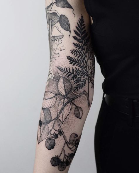 Tattooer, Wroclaw, Poland on Instagram: “Second session of the dark forest sleeve 🖤🖤 @nasza_tattoo_shop #illustration #dżolama #sleeve #forest #mushrooms #ink #graphic #black…” Foliage Half Sleeve Tattoo, Woodland Sleeve Tattoo For Women, Forest Half Sleeve Tattoo Women, Forest Filler Tattoo, Abstract Chest Tattoo Female, Forest Forearm Tattoo Women, Womens Nature Sleeve Tattoo, Fern Floral Tattoo, Botanical Sleeve Tattoos For Women