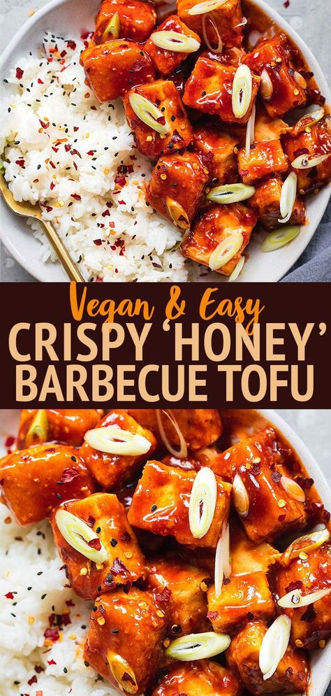 Whole 30 Tofu Recipes, Tofu Dinner Ideas, Vegan Bbq Ideas, Siracha Honey Tofu, Tofu Bbq Recipes, Vegan Hot Honey Chicken, Crispy Bbq Tofu, Tofu Bbq, Vegan Barbeque