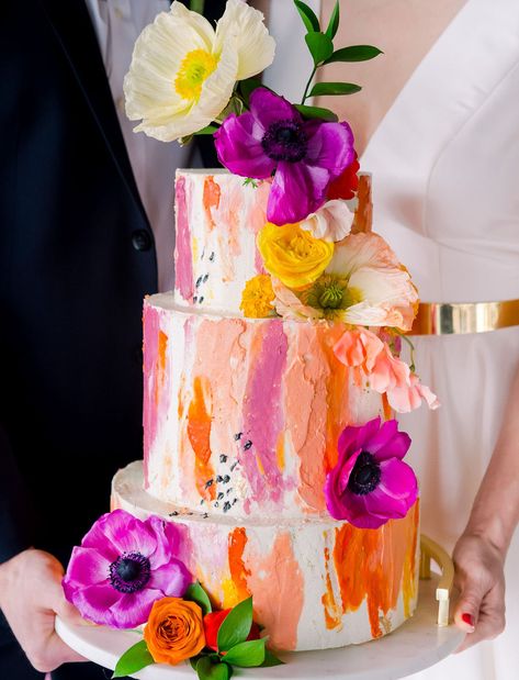 painted watercolor wedding cake Bright Wedding Cakes, Color Wedding Cake, Colorful Flower Wedding Cake, Bright Wedding Cake, Wedding Cake With Colorful Flowers, Bright Wedding Cake Ideas, Colourful Wedding Cake, Wedding Cake Colorful, Fun Wedding Cake