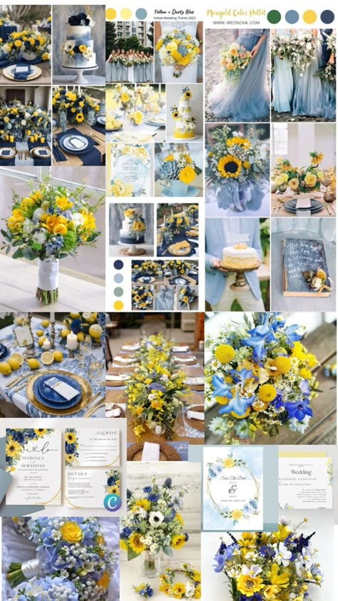 Light Blue And Yellow Wedding, Wedding Brazil, Light Yellow Weddings, July Wedding Colors, Wedding Ideas October, Blue Sunflower Wedding, Blue Yellow Weddings, Yellow Wedding Decorations, Married Ideas