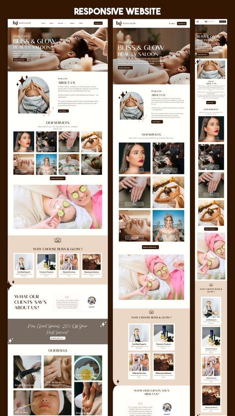 A modern, responsive design for a spa and beauty salon, optimized for desktop, tablet, and mobile. It features a soothing color palette, elegant typography, and intuitive navigation to create a seamless and luxurious user experience across all devices. Saloon Website Design, Calming Color Palette, Soothing Color Palette, Responsive Website Design, Elegant Typography, Website Header Design, Minimal Web Design, Web Banner Design, Responsive Website