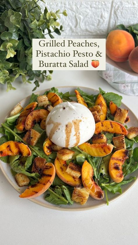 174K views · 5.2K reactions | ✨ Grilled Peaches Pistachio Burrata Salad ✨ It’s all peachy especially when I am enjoying this beautiful salad which is just perfect balance of a fruity flavour from the peaches, nutty freshness from the pesto and crunch from the pistachios! 🥗 PS: Fruits in a salad are just the addition you need to spice up your salads! 🤤🤎 For pesto sauce -Basil leaves -1 tbsp lemon juice -3 cloves garlic -2 tbsp grated parmesan cheese -salt & pepper (as per taste) -2 tbsp pistachios -1 tbsp olive oil Serve: -rocket leaves -pesto sauce -charred peaches -croutons -burrata cheese -balsamic vinegar 🍑 You can use any seasonal fruit of your choice. 🍑 You can make the pesto sauce and store it in the refrigerator. 🍑 To make the balsamic glaze, cook it over heat, allo Pistachio Burrata, Rocket Leaves, Pesto Salad, Burrata Salad, Pistachio Pesto, Beautiful Salad, Burrata Cheese, Seasonal Fruit, Grilled Peaches