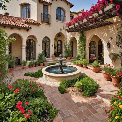 Old Mediterranean Homes, Medeteranian Houses Exterior, Mediteranean Houses Garden, Tuscan Style Homes Exterior, Medditeranean Style Home Exterior, Medditeranean House, Medaterain House, Mederteranian House, Home Exterior Mediterranean