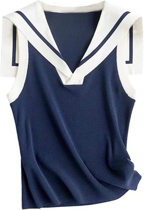 KUFEIUP Women's Sleeveless Sailor Collar V Neck Knit Vest Tops at Amazon Women’s Clothing store Fitted V-neck Vest For The Beach, Fitted Vintage V-neck Vest, Fitted V-neck Beach Vest, Beach V-neck Stretch Vest, Stretch Knit V-neck Vest Top, Sailor Collar, Amazon Women, Knit Vest, Cami Tanks