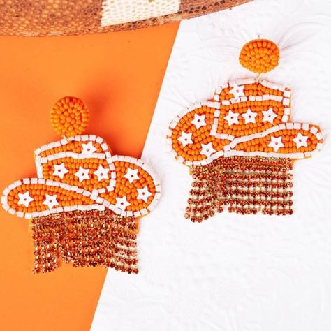 Brand New Hypoallergenic Posts Team Colors Seed Beaded Rhinestone Fringe 2.5" Drop Cowgirl Rhinestone, Tennessee Vols Football, Vols Football, Ut Austin, Rhinestone Fringe, Tennessee Vols, Beaded Hat, Rhinestone Bead, Orange White