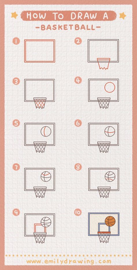 Learn step-by-step how to draw a basketball, including the backboard, hoop, and details. Unleash your creativity and create your own masterpiece! Start drawing today! How To Draw A Basketball Court, Draw A Basketball, Simple Animals, Disney Drawing Tutorial, Hoop Net, Basketball Drawings, Art Books For Kids, Basket Drawing, Bola Basket