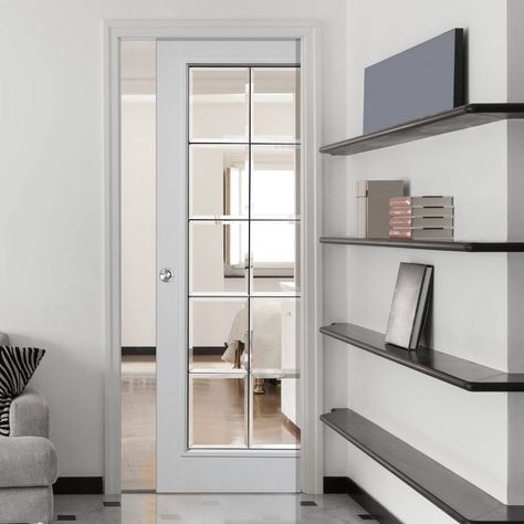 Single Glass Pocket Doors Interior, Single Pocket French Door, Storage Room Door, Glass Pocket Doors Interior, French Pocket Door, Shelves Single, Single Pocket Door, White Sliding Door, Pocket Sliding Door