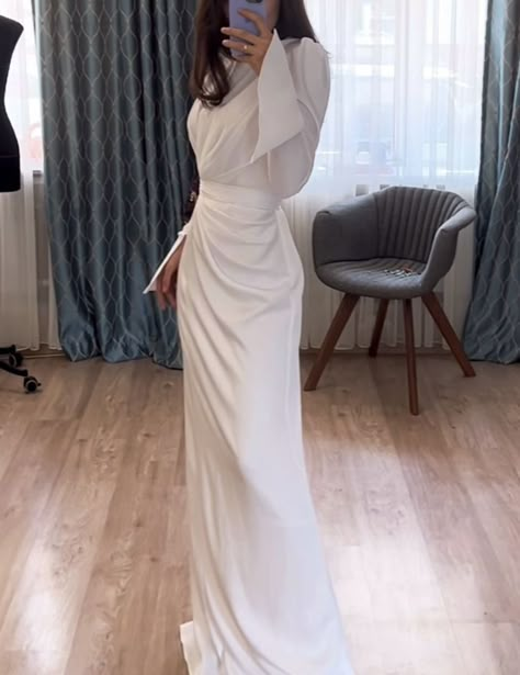 White Dresses Wedding Simple, Simple White Dress Hijab, White Dress Classy Elegant Long, Prom Dresses For Hijabis, White Silk Dress Long, Hijabi Engagement Dress, Modest Engagement Dress, White Dress Hijab, Engagement Dress Hijab