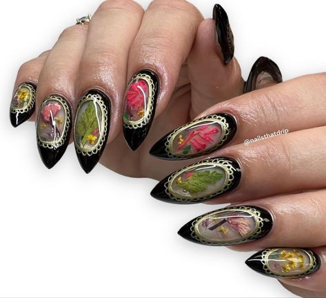 Floral Encapsulated Nails, Gothic Floral Nails, Gel Encapsulated Nails, Oddity Nails, Vintage Floral Nails, Spring Goth Nails, Encapsulated Nails Acrylics, Encapsulated Flower Nails, Encapsulated Nails Flowers